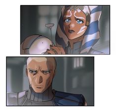 two panels of the same character from star wars, one with blue eyes and another with brown hair