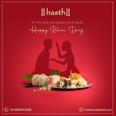 two people are holding hands in front of a plate with food on it and the words happy bhaag day written below