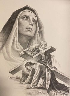 a pencil drawing of a woman holding a cross and looking up at the person on her knees