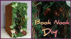 an image of book nook diy made out of moss and flowers with the words, book nook diy on it