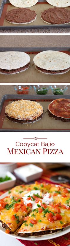 several different types of mexican pizzas in pans