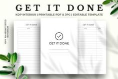 the get it done notepad is next to some green leaves and plants on a white background