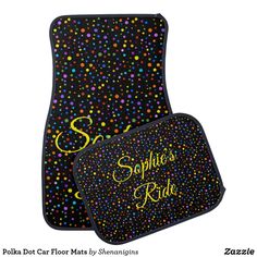 two car mats with polka dots and the words sparkle's ride written on them