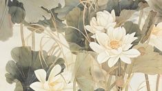 a painting of white flowers and green leaves