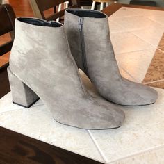 Only Worn In House To Try On Size 8 1/2 Brand Mi.Im Gray Ankle-high Spring Boots, Gray Ankle-high Boots For Spring, Casual Square Toe Heels For Fall, Casual Block Heels With Padded Ankle, Gray Pointed Toe Boots For Spring, Spring Gray Pointed Toe Boots, Grey Booties, Try On, Bootie Boots