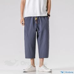 OrcaJump - Stylish and Comfortable Vintage Elastic Seven-Quarter Pants in Cotton Linen Casual Gray Tapered Leg Bottoms, Gray Cotton Sweatpants For Summer, Gray Ankle-length Casual Harem Pants, Casual Gray Cargo Pants For Summer, Casual Gray Tapered Leg Pants, Casual Gray Wide Leg Harem Pants, Gray Cotton Cargo Pants For Summer, Summer Gray Cotton Cargo Pants, Gray Cotton Harem Pants With Elastic Waistband