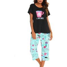 These Sleepwear Tops With Capri Pants are incredibly stylish and ideal for house gatherings. These are really stylish and quite comfortable and are ideal for relaxing at home. These pajama sets feature a trendy cool pattern and are machine washable. You can wear these tops with hoodies, jeans or with a jacket also. This loungewear is all you need to relax at home. They are soft and easy to touch which projects versatility and effortless grace in every step you take. Made to make you feel good, e Casual Black Printed Sleepwear, Trendy Black Sleepwear For Loungewear, Trendy Black Sleepwear For Lounging, Casual Black Capris For Loungewear, Comfortable Cotton Capris For Loungewear, Comfortable Relaxed Fit Capris For Loungewear, Casual Graphic Print Bottoms For Pajama Party, Casual Bottoms With Graphic Print For Pajama Party, Casual Graphic Print Sleep Bottoms