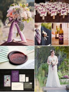 a collage of photos with purple and white flowers in vases, wine bottles, and wedding stationery