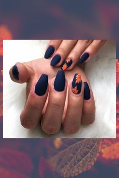 fall green orange nails Navy Blue And Burnt Orange Nails, Navy Blue Autumn Nails, Burnt Orange And Navy Nails, Navy Blue And Orange Nail Designs, Navy Orange Nails, Bright Autumn Nails, Burnt Orange Matte Nails, Dark Blue And Orange Nails, Navy Blue And Orange Nails