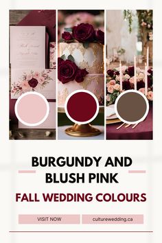 the wedding color scheme for burgundy and blush pink is featured in this postcard design