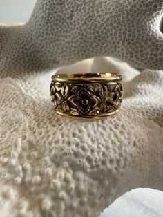 Beautiful 10K Heavy Victorian Floral Wide Band Ring Size 5. 1cm high band 1mm thick Hand chased floral detail.  hallmarks: none present X-RAY tested at 14k 6.4g Victorian Gold Engraved Ring With Decorative Band, Victorian Yellow Gold Etched Rings, Victorian Etched Yellow Gold Rings, Heirloom 14k Gold Engraved Flower Ring, Heirloom Engraved 14k Gold Flower Ring, Vintage Ring With Intricate Design And Wide Band, Vintage Ring With Wide Band And Intricate Design, Classic 14k Stamped Yellow Gold Flower Ring, Vintage Wide Band Ring With Intricate Design