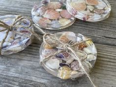 three seashells are wrapped in twine and tied to glass dishes on a wooden table