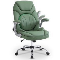 a green office chair sitting on top of a metal base with wheels and armrests