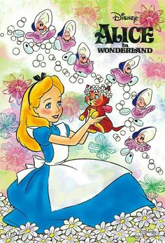 an image of alice from the disney movie with flowers and bubbles in her hand, surrounded by