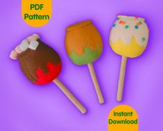 three different types of cake pops are on a purple background with the text, free pattern