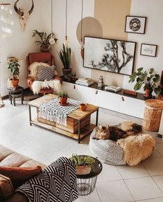 a living room filled with furniture and plants