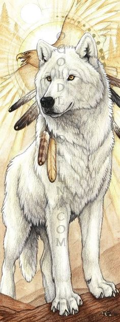 a drawing of a white wolf with feathers on its back