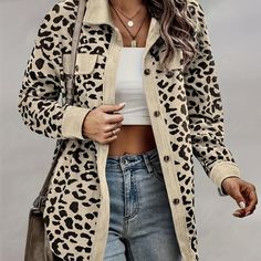 Leopard print corduroy jacket - perfect for fall/winter #fallfashion #winterfashion Size L/large Leopard Jacket, Corduroy Coat, Leopard Print Shirt, Leopard Print Jacket, Leopard Fashion, Long Sleeve Outerwear, Loose Outfit, Fleece Sweater, Plaid Jacket