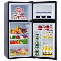 an open refrigerator filled with lots of food and drinks on top of it's doors