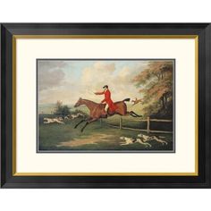 a painting of a man on a horse jumping over a fence with other dogs in the background