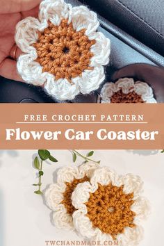 crochet flower car coaster pattern with text overlay