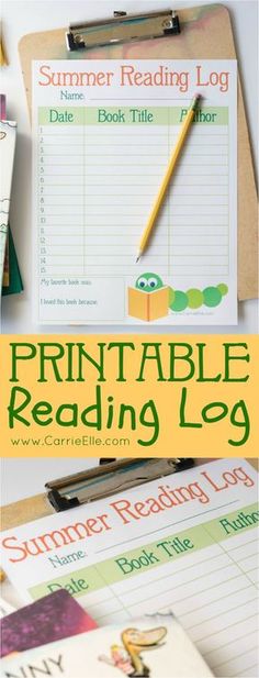 the printable reading log is on top of a pile of books and pencils