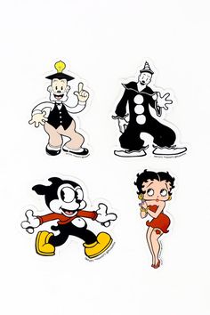 four stickers depicting cartoon characters in various poses, including mickey mouse and goofy the cat