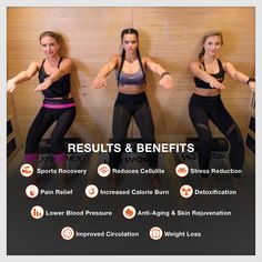 three women in black sports bra tops and leggings doing squat exercises with their arms outstretched