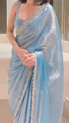 Desi Party Outfits, Ice Blue Saree Party Wear, Saree Inspiration For Farewell, Pretty Sarees Classy, Sari For Graduation Day, Wedding Saree For Sister, Light Blue Desi Aesthetic, Light Blue Saree Aesthetic, Pastel Color Sarees Party Wear