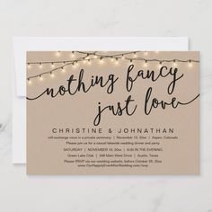 a wedding card with string lights and the words nothing fancy just love