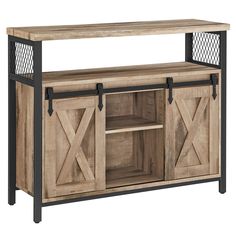 a wooden entertainment center with metal accents