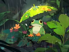 a frog sitting under an umbrella in the rain surrounded by plants and flowers on a rainy day