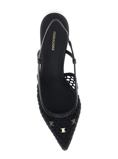 Pumps Black Slingback style Pointed toe Logo detail in metal Gold tone metalware Spool heel Black leather trim Mesh and leather Heel: 4 cmComposition: Chloe Purses, Spool Heel, Ferragamo Shoes, Sneaker Wedge, Slingback Pump, Black Pumps, Beautiful Shoes, Manolo Blahnik, Leather Trim