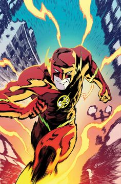 the flash in action with his yellow and red colors