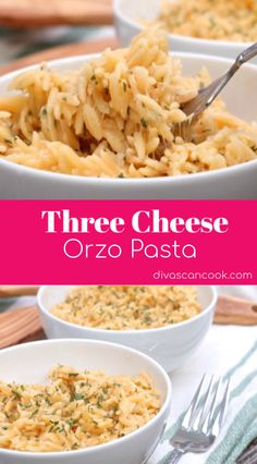 three cheese orzo pasta in white bowls with spoons and utensils on the side