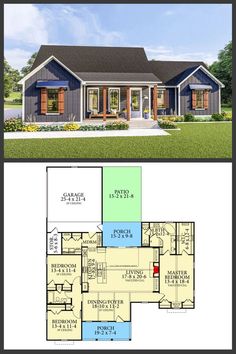 two story house plans with open floor plan and blueprints on the front, side and