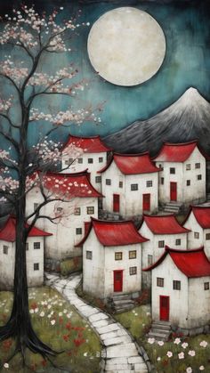 a painting of houses and trees with the moon in the sky above them, as well as a path leading up to it