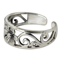 NOVICA - Blossoming Paths Sterling Silver Toe Ring Silver Nickel-free Toe Ring With Flower Design, Silver Nickel-free Flower Toe Ring, Adjustable Silver Toe Ring With Flower Design, Silver Flower Toe Ring, Paw Print Jewelry, Sterling Silver Toe Rings, Ribbon Jewelry, Silver Toe Rings, Printed Jewelry