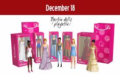 three barbie dolls are shown in front of pink boxes with the words barbie on them