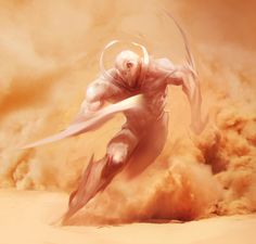 a man is flying through the air with his arms out in front of some dust