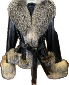 Luxury Belted Leather Jacket, Luxury Winter Fur Coat With Feather Trim, Luxury Fur Coat With Feather Trim For Winter, Luxury Fur Coat With Faux Fur Trim For Fall, Luxury Fall Fur Coat With Faux Fur Trim, Luxury Black Fur Coat With Feather Trim, Fitted Luxury Fur Coat With Faux Fur Lining, Luxury Sheepskin Fur Coat With Faux Fur Trim, Luxury Fur Coat With Feather Trim For Fall