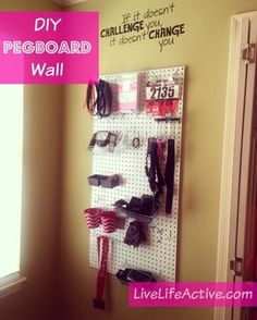 a pegboard with shoes hanging on it and the words diy pegboard wall above it