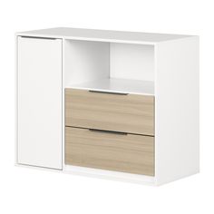 an open cabinet with two drawers and one door on the bottom, in white and oak