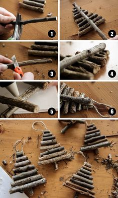 instructions to make a christmas tree out of sticks and branches with glue on the top