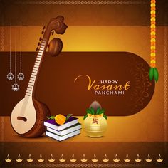 happy vasanti panchami greeting card with books and instrument on brown background