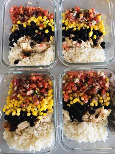 four plastic containers filled with rice, beans and chicken on top of each other next to a spoon