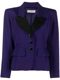 2000s peak-lapel single-breasted blazer from Yves Saint Laurent Pre-Owned featuring electric purple, black, peak lapels, front button fastening, long sleeves, buttoned cuffs, jetted chest pocket, two front flap pockets, straight hem and circa 2000s. POSITIVELY CONSCIOUS: Purchasing this item continues its narrative and reduces the environmental impact of using new resources. You can be confident that you’re making a better choice for the Planet.. | Yves Saint Laurent Pre-Owned 2000s Peak-Lapel S Chanel 2000s, Blazer And Skirt Outfits, School Blazer, Heather Taylor, Electric Purple, Purple Blazer, Funky Outfits, Blazer And Skirt, Peak Lapel