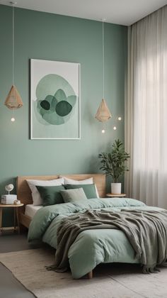 a bedroom with green walls and bedding in front of a painting on the wall