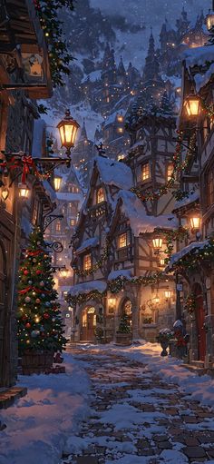 a snowy street with christmas decorations and lights