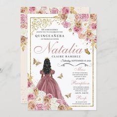 an elegant quinceauera birthday party with pink and gold flowers on the front